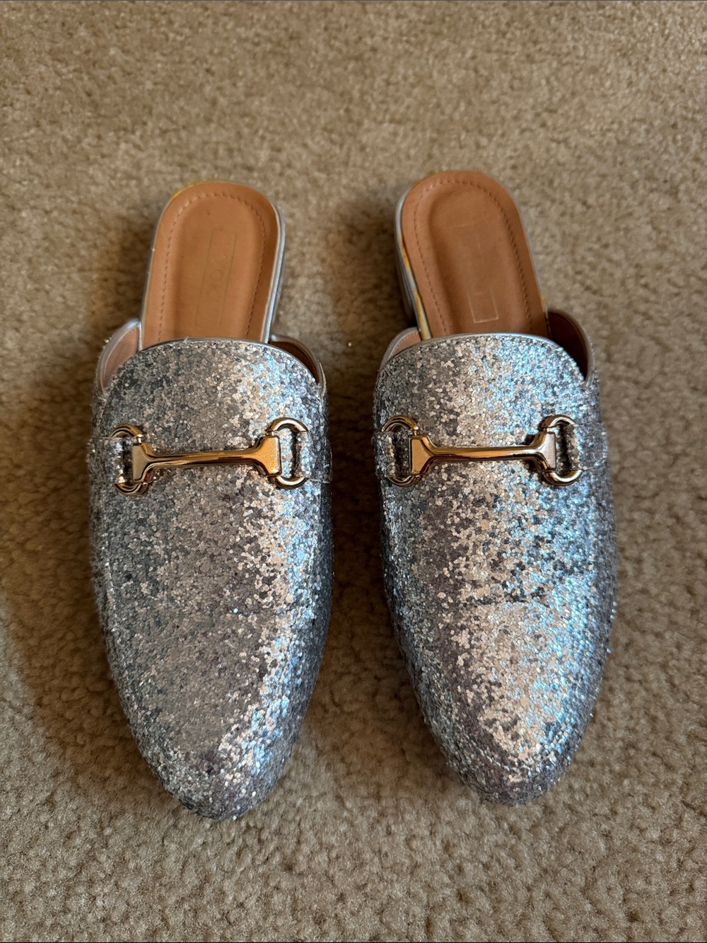 Silver Glitter Slip-On Mules with Gold Bit Accent - Size 7